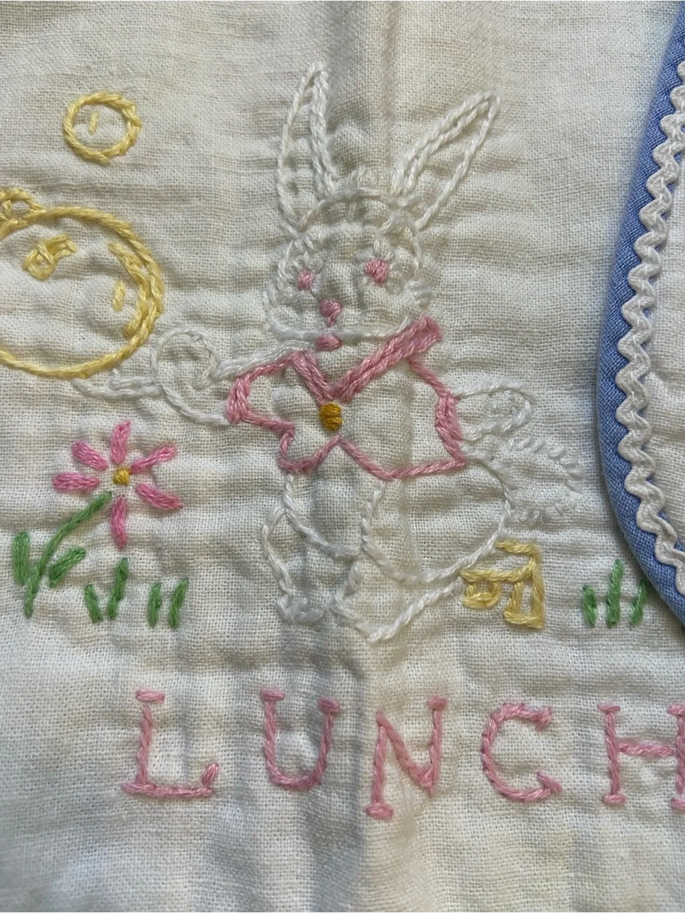 Embroidered Baby Bibs Vintage in Pink & Blue Trim with Bunny and Kitty and Puppy